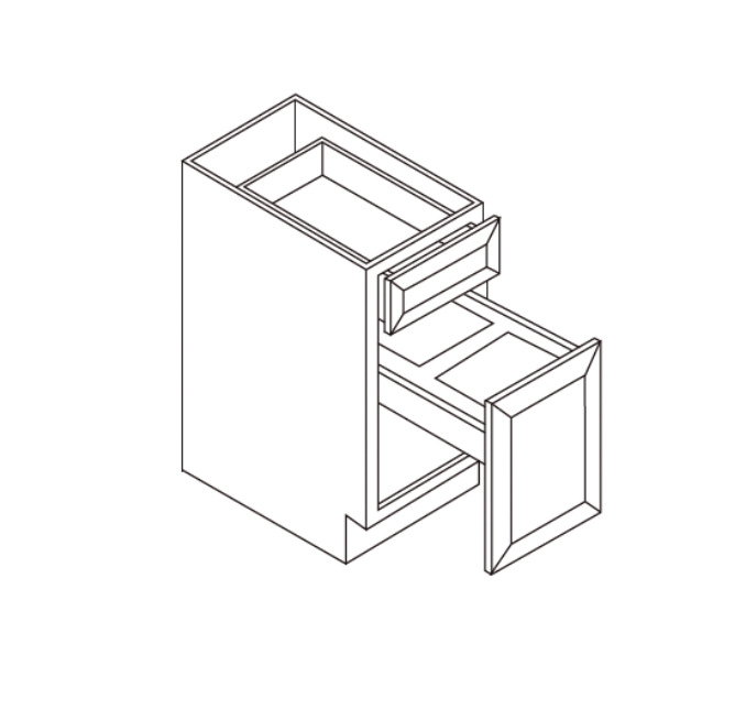 Line drawing of a cabinet with two drawers, one open.